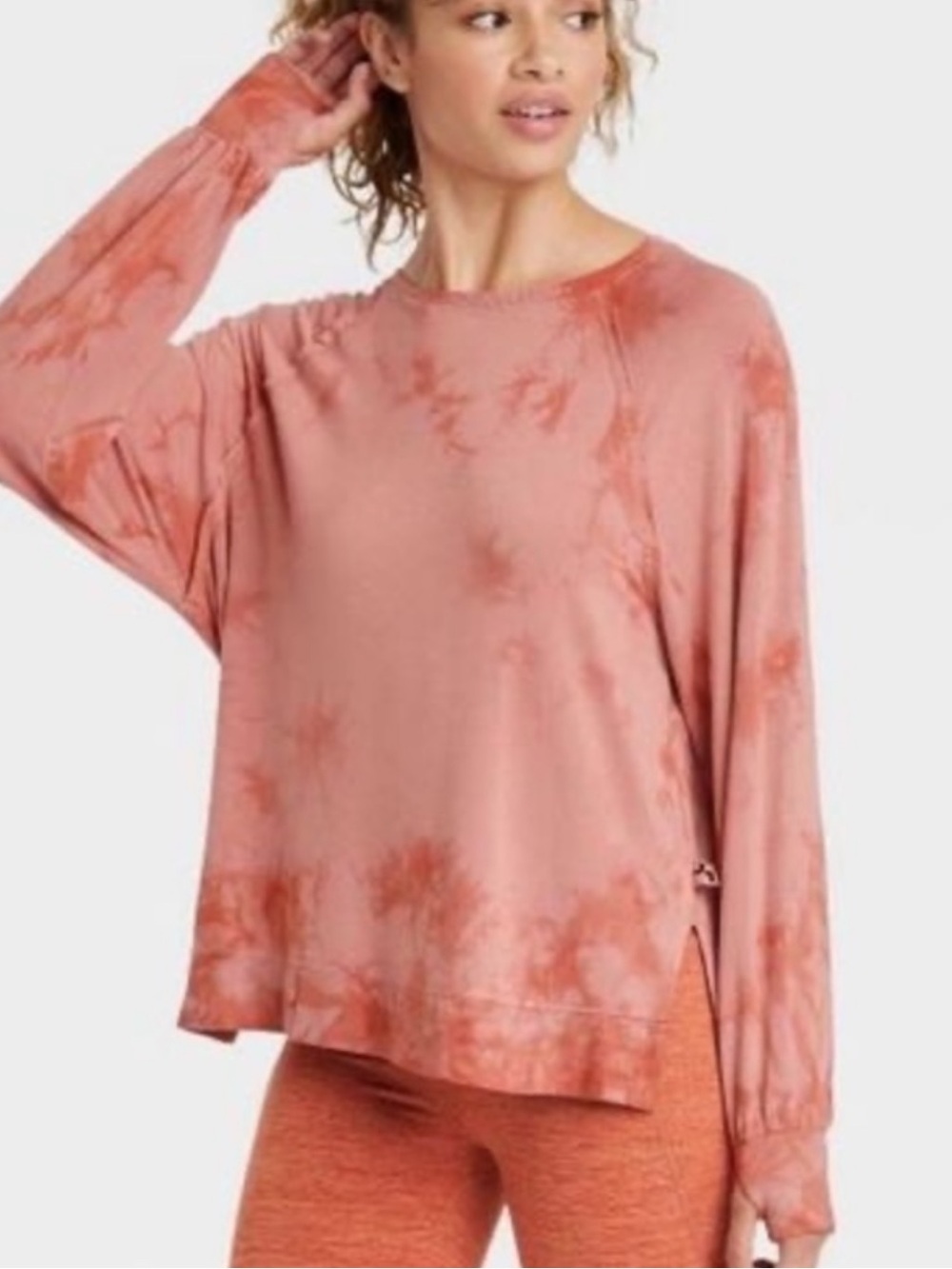 Joy Lab NWT M RUST Tie-Dye hi/low thumb holes rayon spandex soft sweatshirt